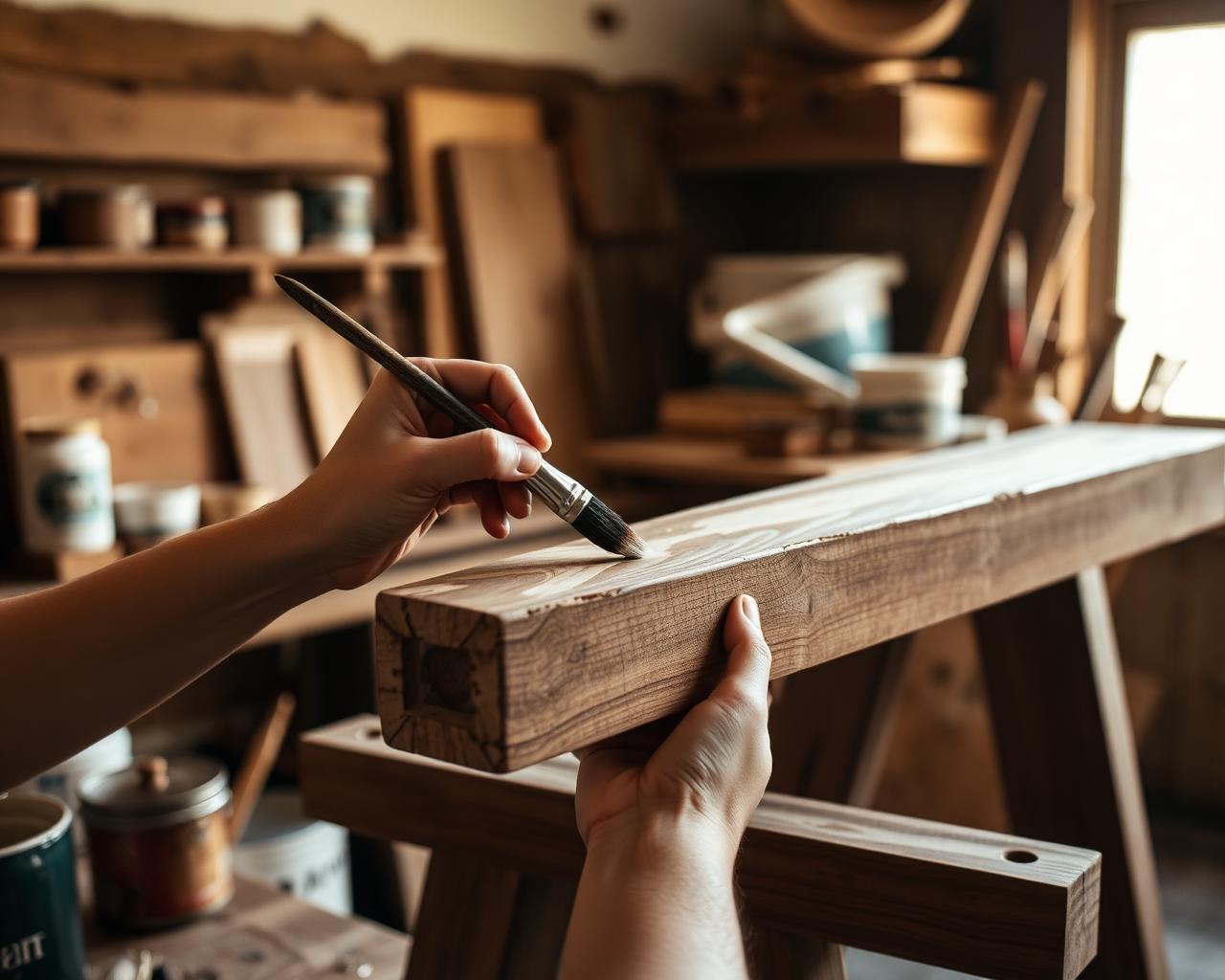 Mains d'artisan peignant un meuble